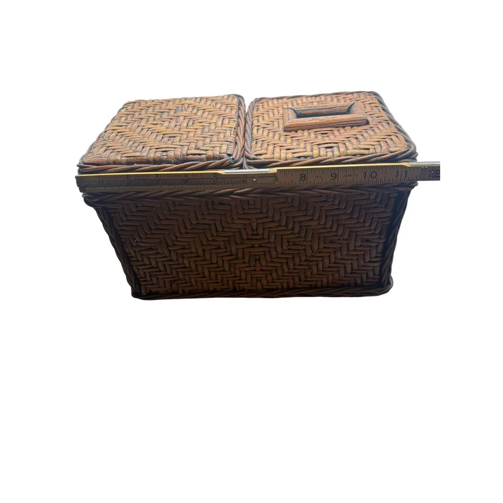 Vintage Woven Wicker Dual Compartment Tissue Box Cover and Storage Basket Brown